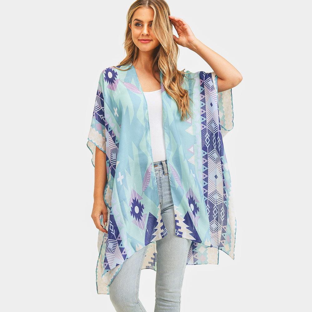 Mint Tribal Patterned Cover Up Kimono Poncho