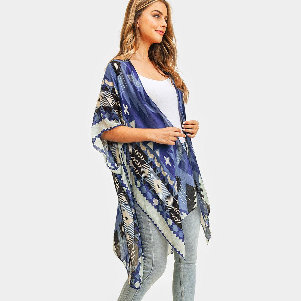 Navy Tribal Patterned Cover Up Kimono Poncho