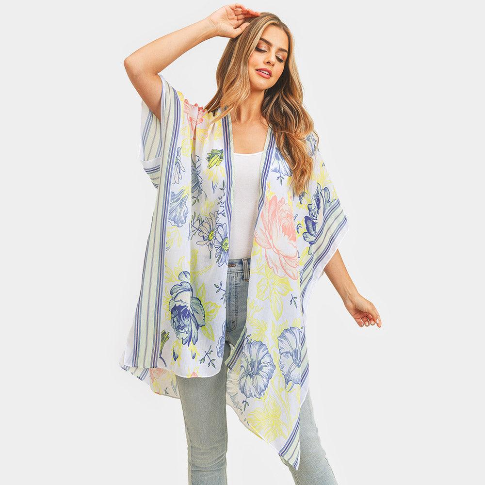 Lime Multi Flower Patterned Cover Up Kimono Poncho