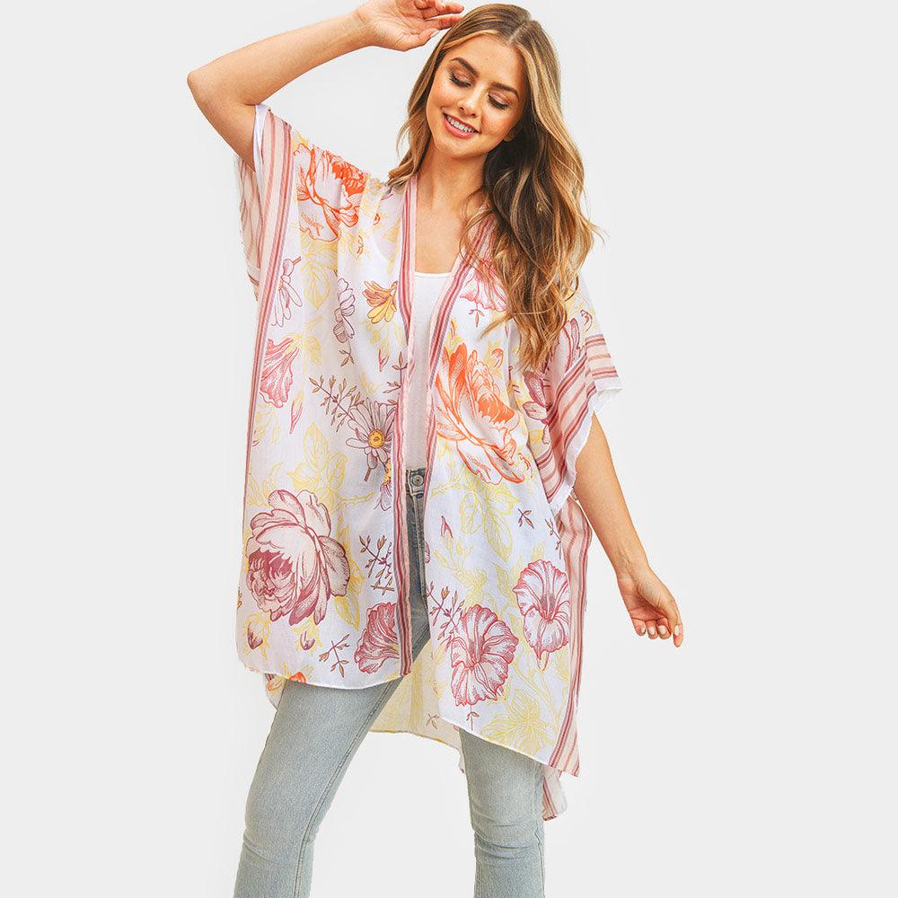 Pink Multi Flower Patterned Cover Up Kimono Poncho