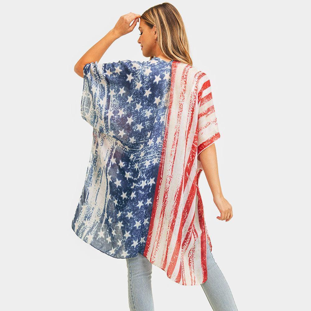 Red Vintage American USA Flag Cover Up Kimono Poncho - Jewelry Store by Erik Rayo