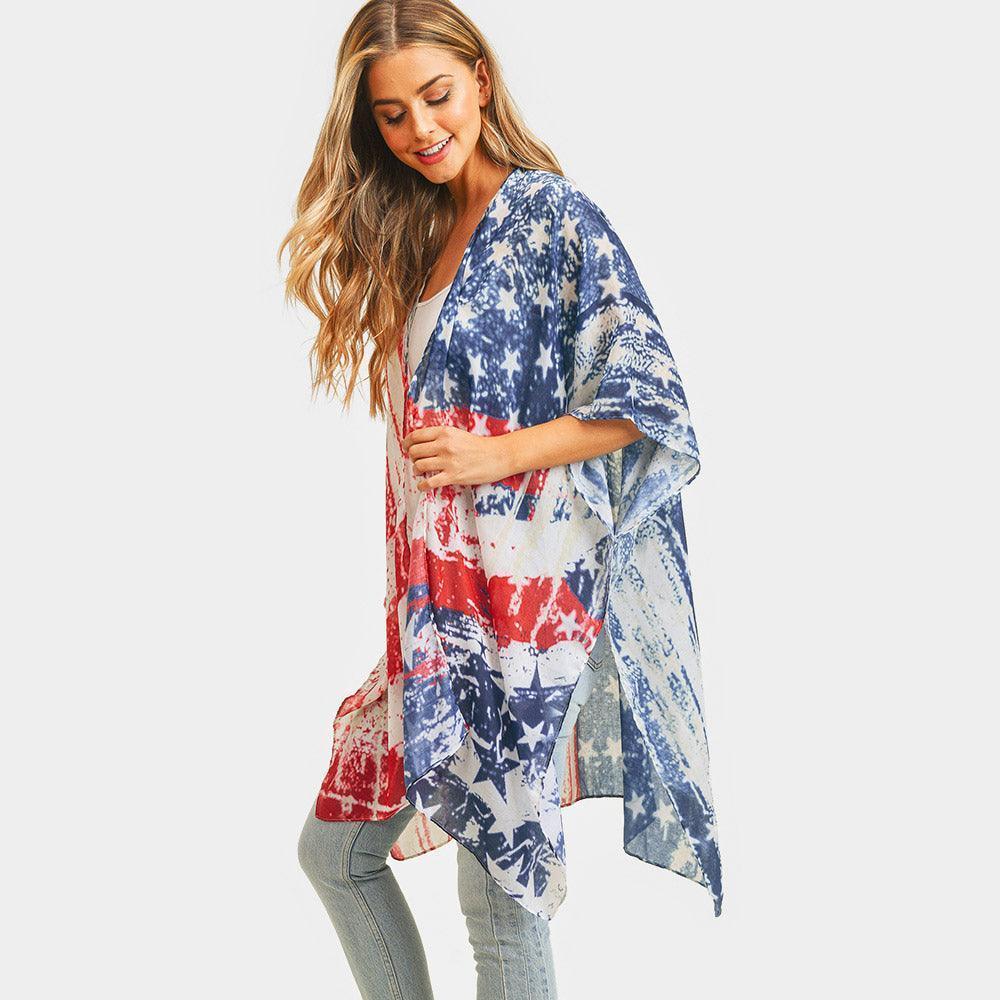 Red Vintage American USA Flag Cover Up Kimono Poncho - Jewelry Store by Erik Rayo