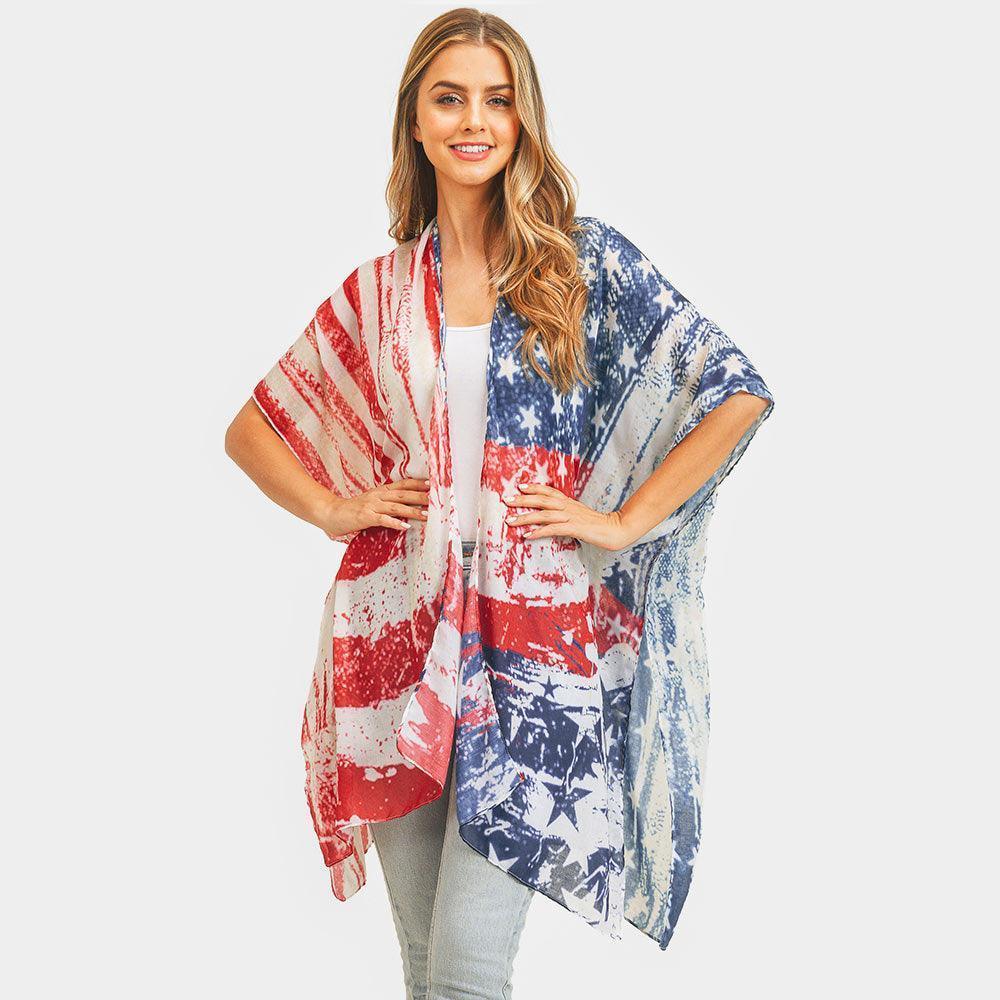 Red Vintage American USA Flag Cover Up Kimono Poncho - Jewelry Store by Erik Rayo