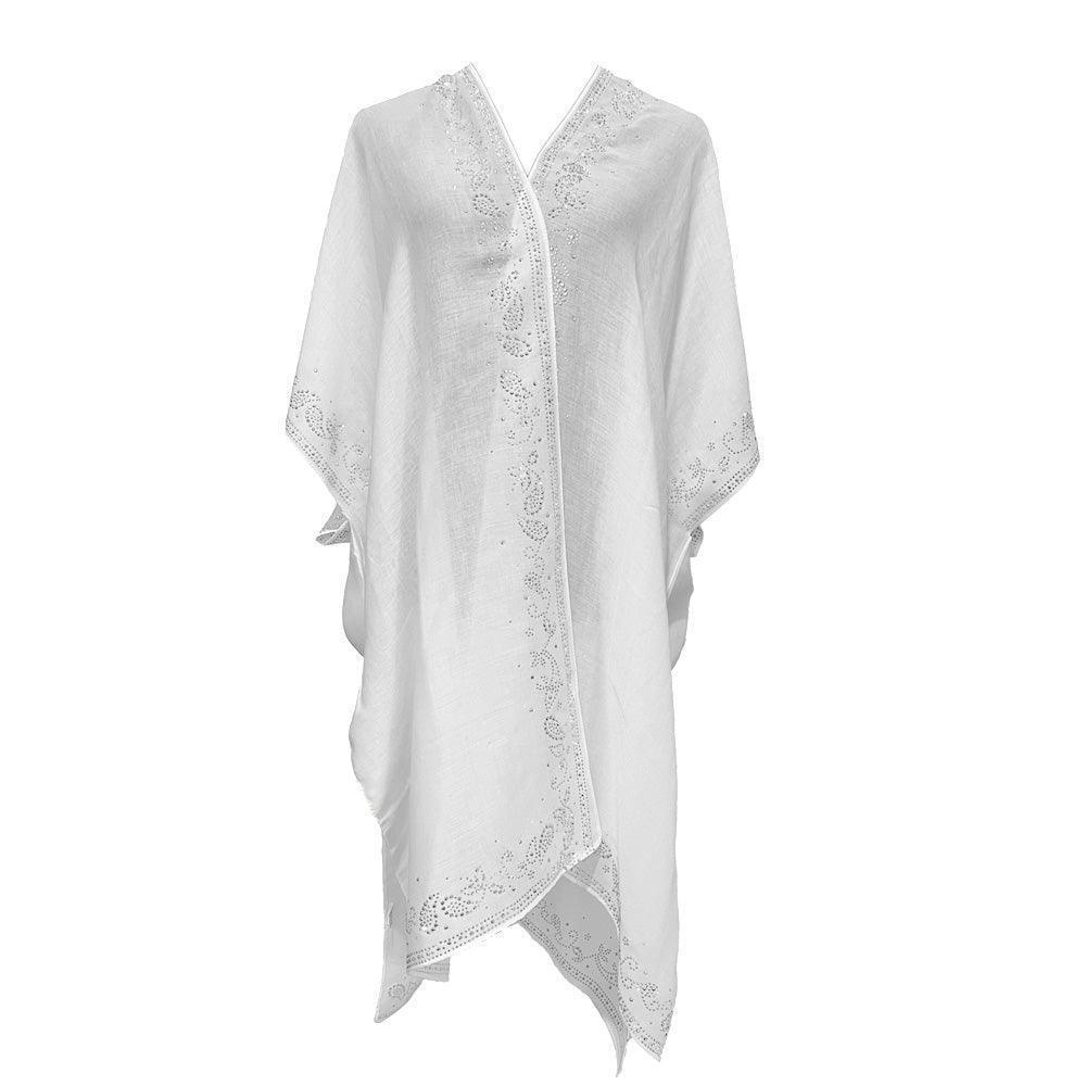White Bling Studded Leaves Pattern Pointed Kimono Poncho - Jewelry Store by Erik Rayo
