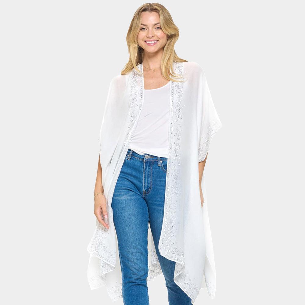 White Bling Studded Leaves Pattern Pointed Kimono Poncho - Jewelry Store by Erik Rayo