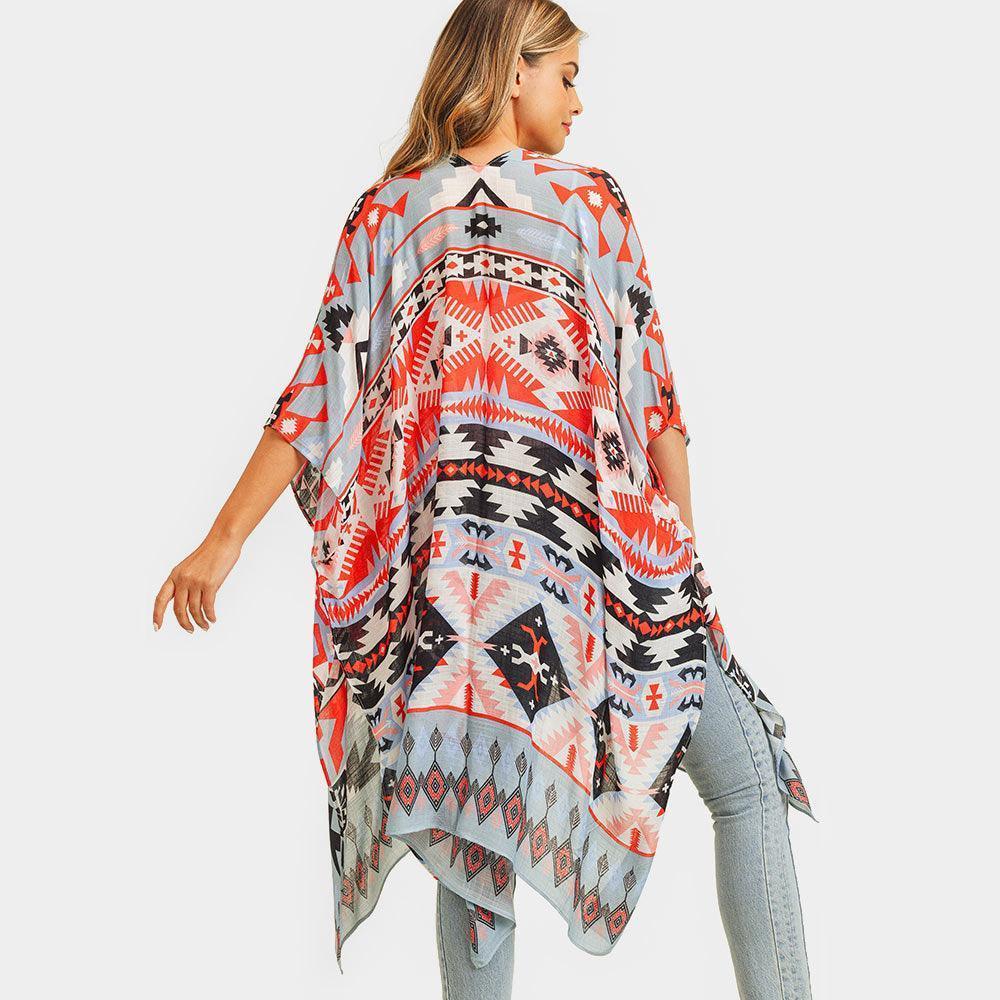 Blue Aztec Patterned Cover Up Kimono Poncho - Jewelry Store by Erik Rayo