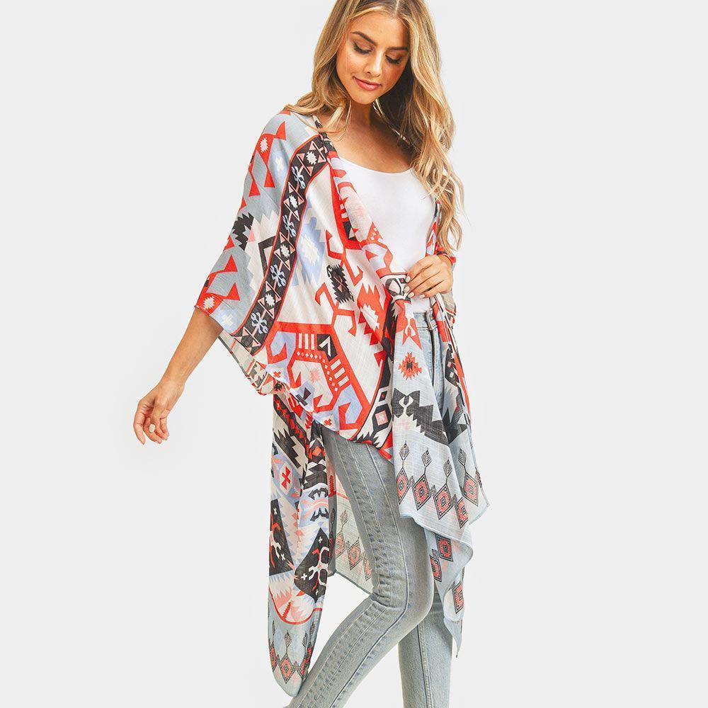 Blue Aztec Patterned Cover Up Kimono Poncho - Jewelry Store by Erik Rayo