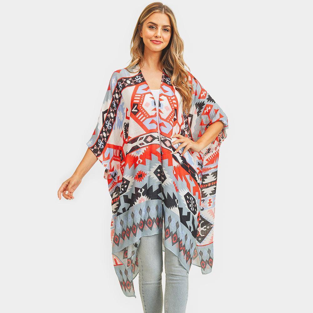 Blue Aztec Patterned Cover Up Kimono Poncho - Jewelry Store by Erik Rayo