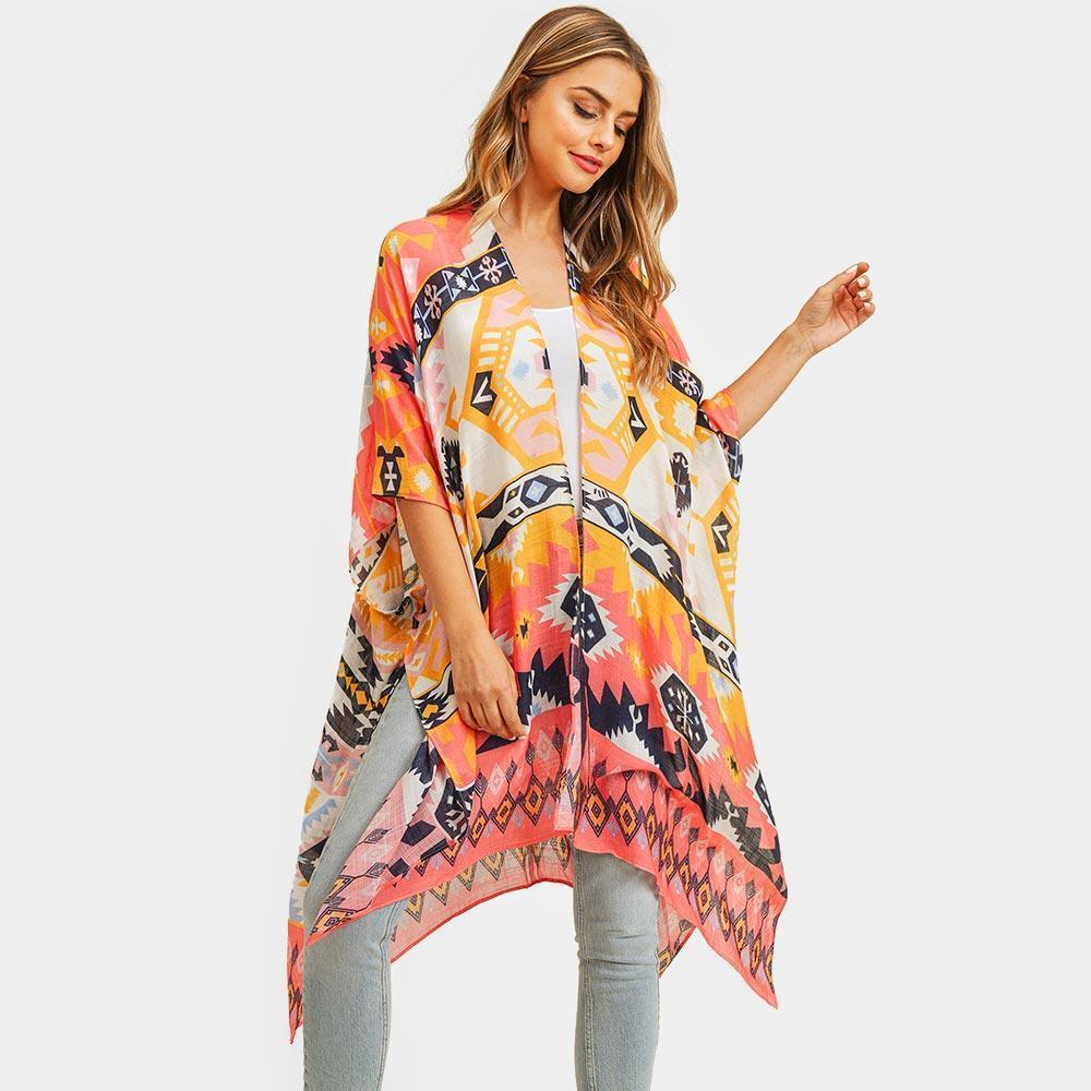 Pink Aztec Patterned Cover Up Kimono Poncho - Jewelry Store by Erik Rayo