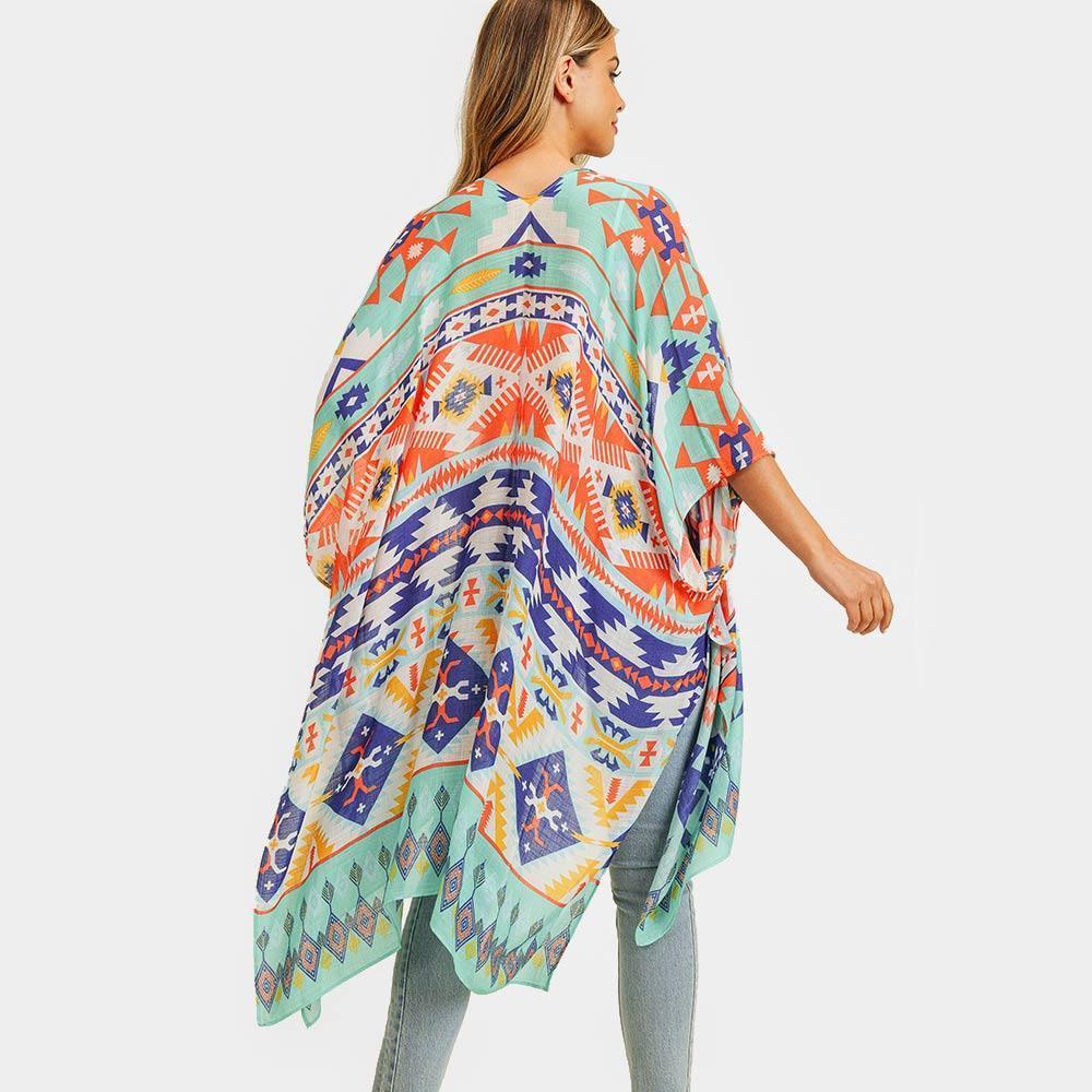 Turquoise Aztec Patterned Cover Up Kimono Poncho - Jewelry Store by Erik Rayo
