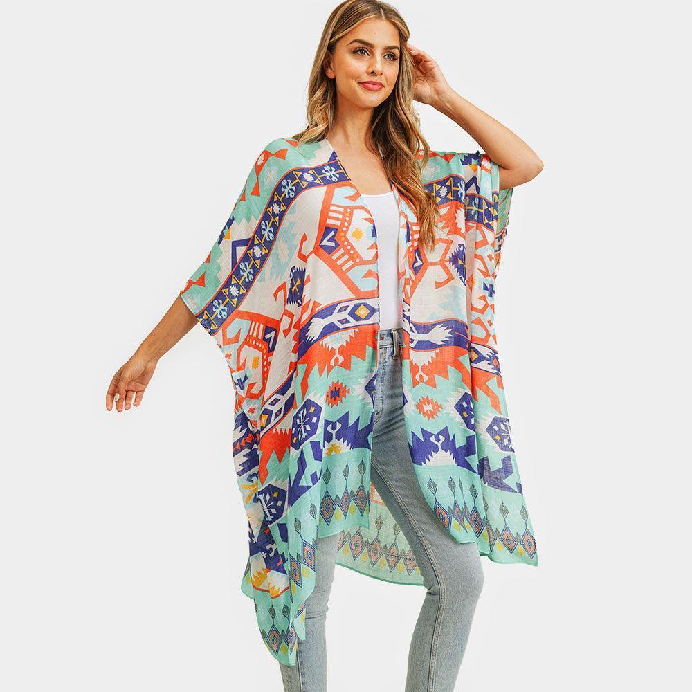 Turquoise Aztec Patterned Cover Up Kimono Poncho - Jewelry Store by Erik Rayo