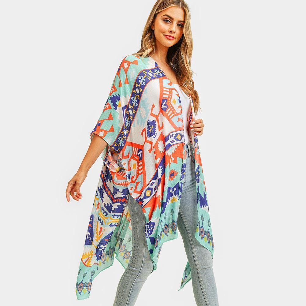 Turquoise Aztec Patterned Cover Up Kimono Poncho - Jewelry Store by Erik Rayo
