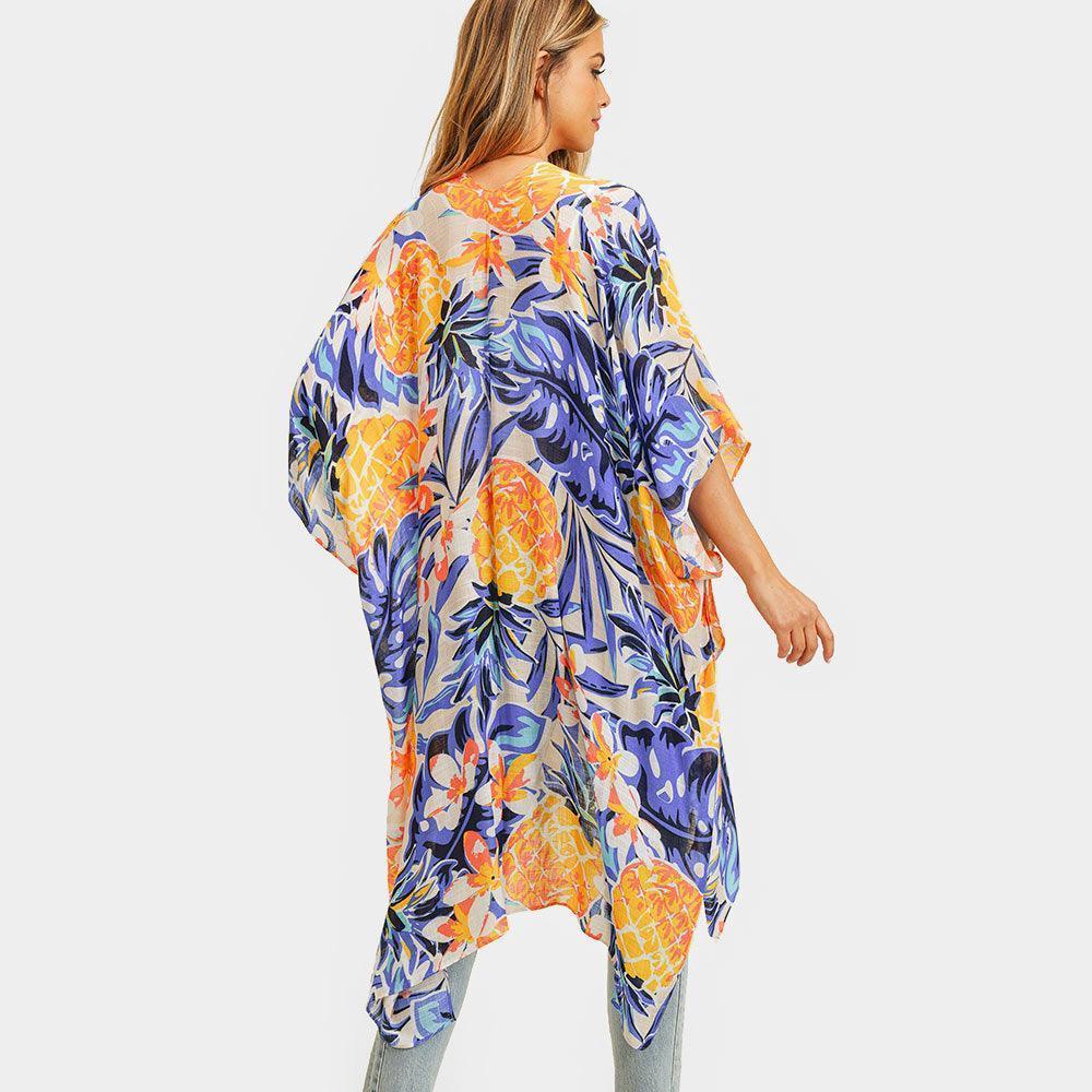 Navy Pineapple Tropical Leaf Printed Cover Up Kimono Poncho - Jewelry Store by Erik Rayo