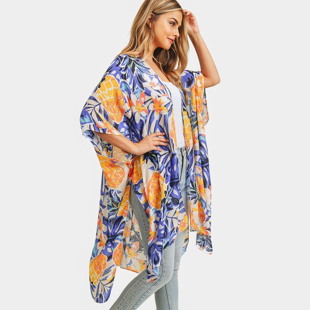 Navy Pineapple Tropical Leaf Printed Cover Up Kimono Poncho - Jewelry Store by Erik Rayo