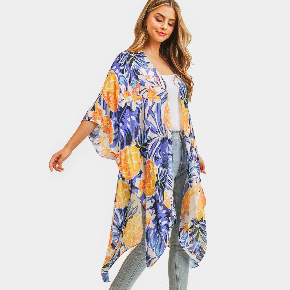 Navy Pineapple Tropical Leaf Printed Cover Up Kimono Poncho - Jewelry Store by Erik Rayo