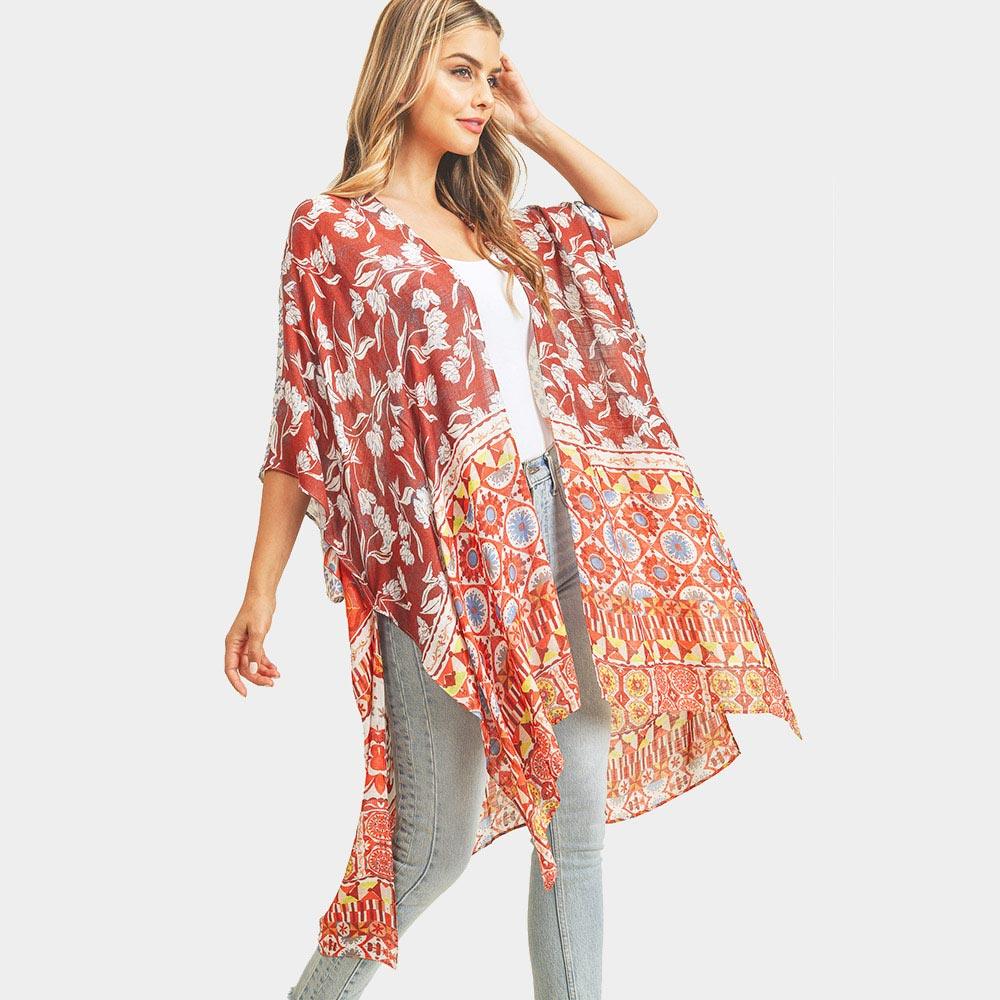 Red Multi Patterned Cover Up Kimono Poncho