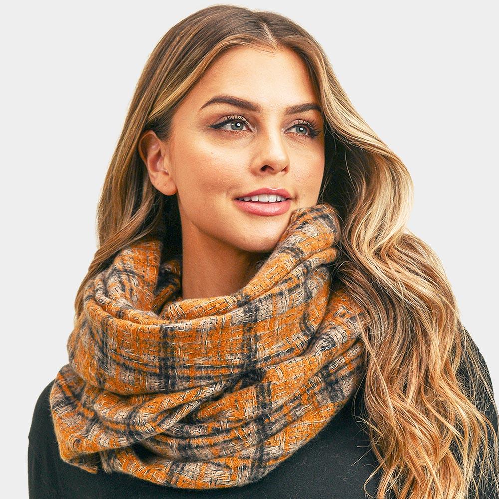 Mustard Plaid Check Infinity Scarf