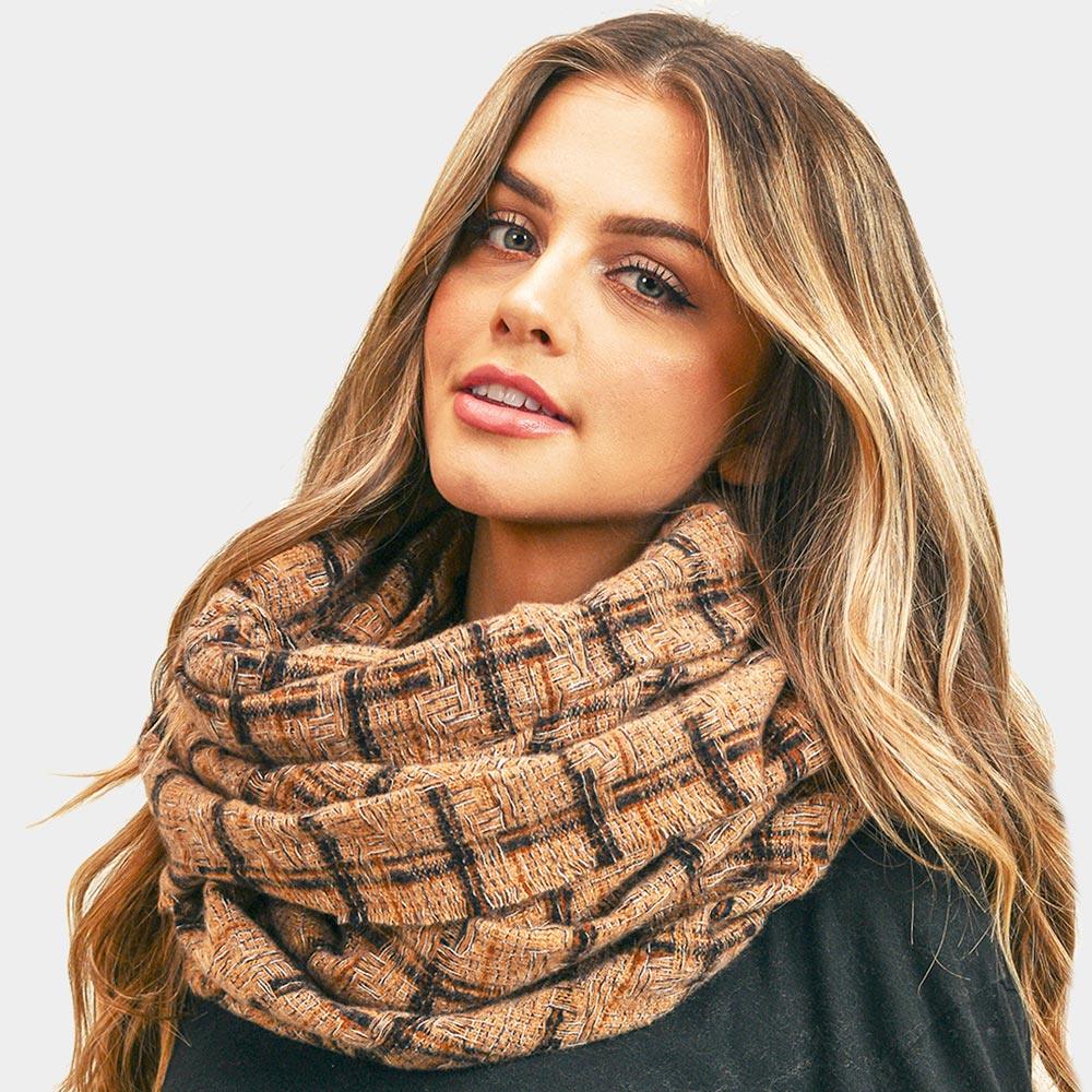 Taupe Plaid Check Infinity Scarf