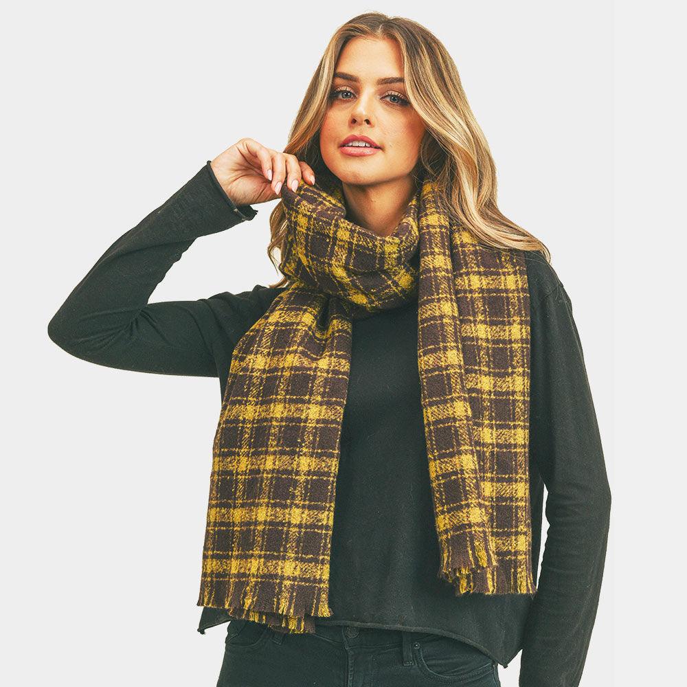 Brown Plaid Check Lurex Oblong Scarf