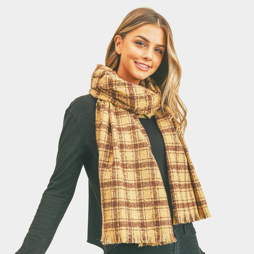 Camel Plaid Check Lurex Oblong Scarf