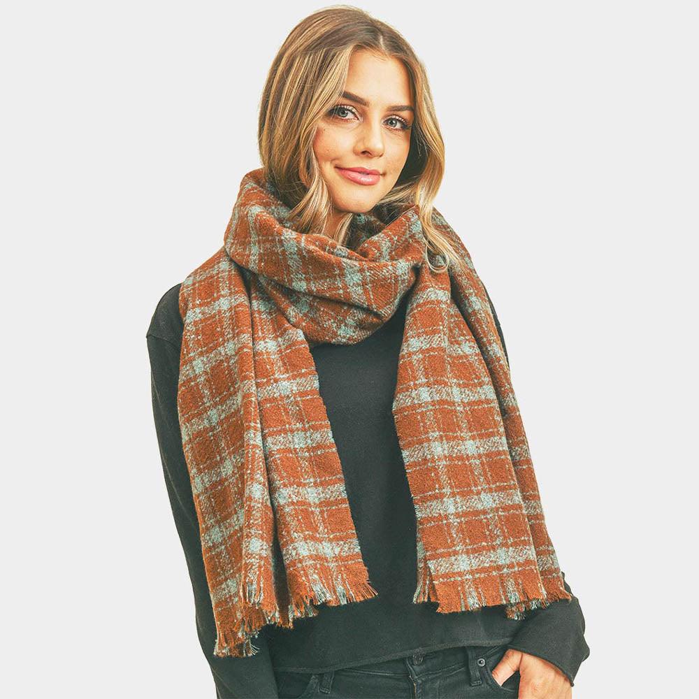 Rust Plaid Check Lurex Oblong Scarf