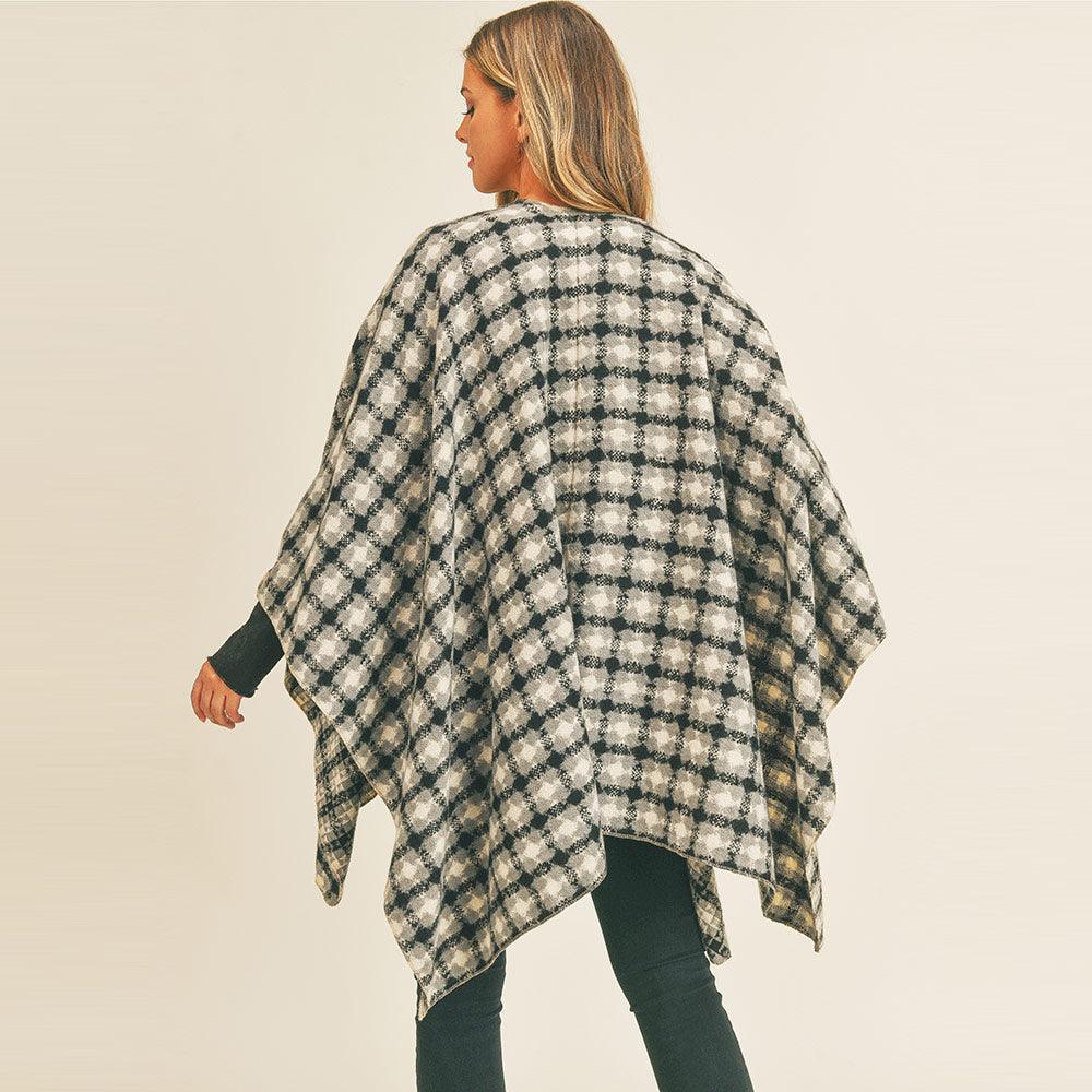 Black Plaid Check Pattern Ruana Poncho - Jewelry Store by Erik Rayo