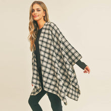 Load image into Gallery viewer, Black Plaid Check Pattern Ruana Poncho
