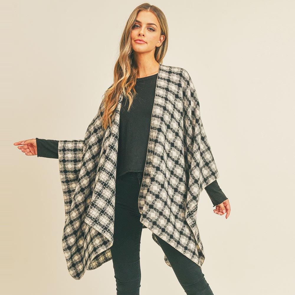 Black Plaid Check Pattern Ruana Poncho