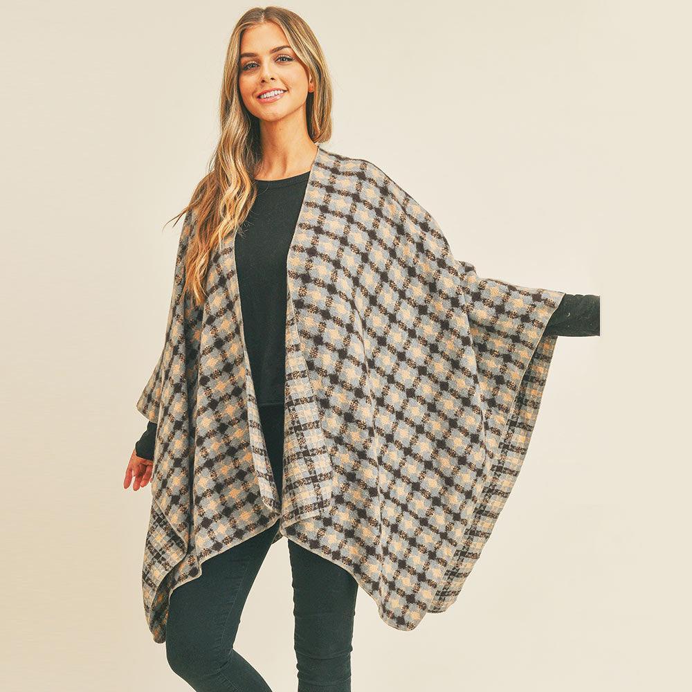 Blue Plaid Check Pattern Ruana Poncho - Jewelry Store by Erik Rayo