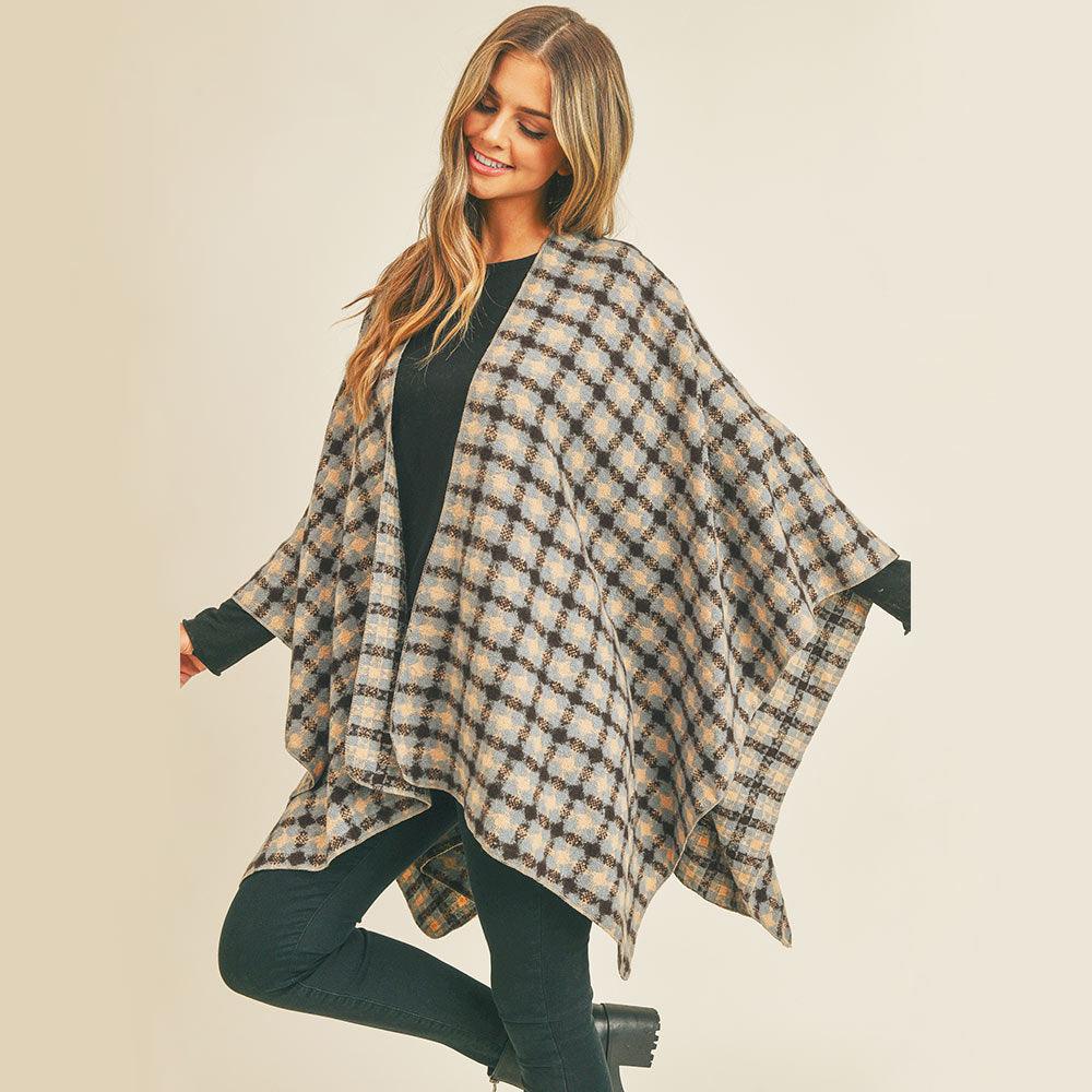 Blue Plaid Check Pattern Ruana Poncho