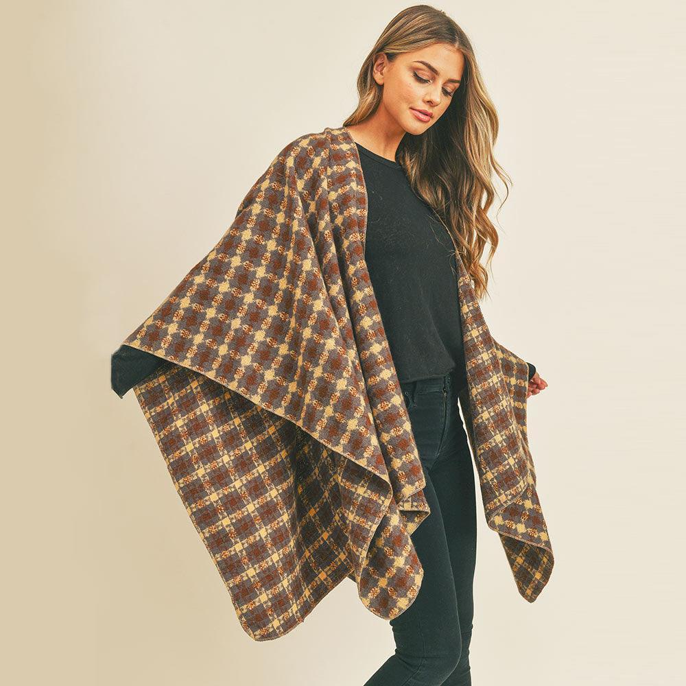 Brown Plaid Check Pattern Ruana Poncho - Jewelry Store by Erik Rayo