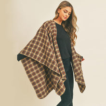 Load image into Gallery viewer, Brown Plaid Check Pattern Ruana Poncho
