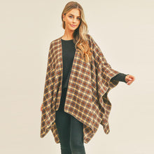 Load image into Gallery viewer, Brown Plaid Check Pattern Ruana Poncho
