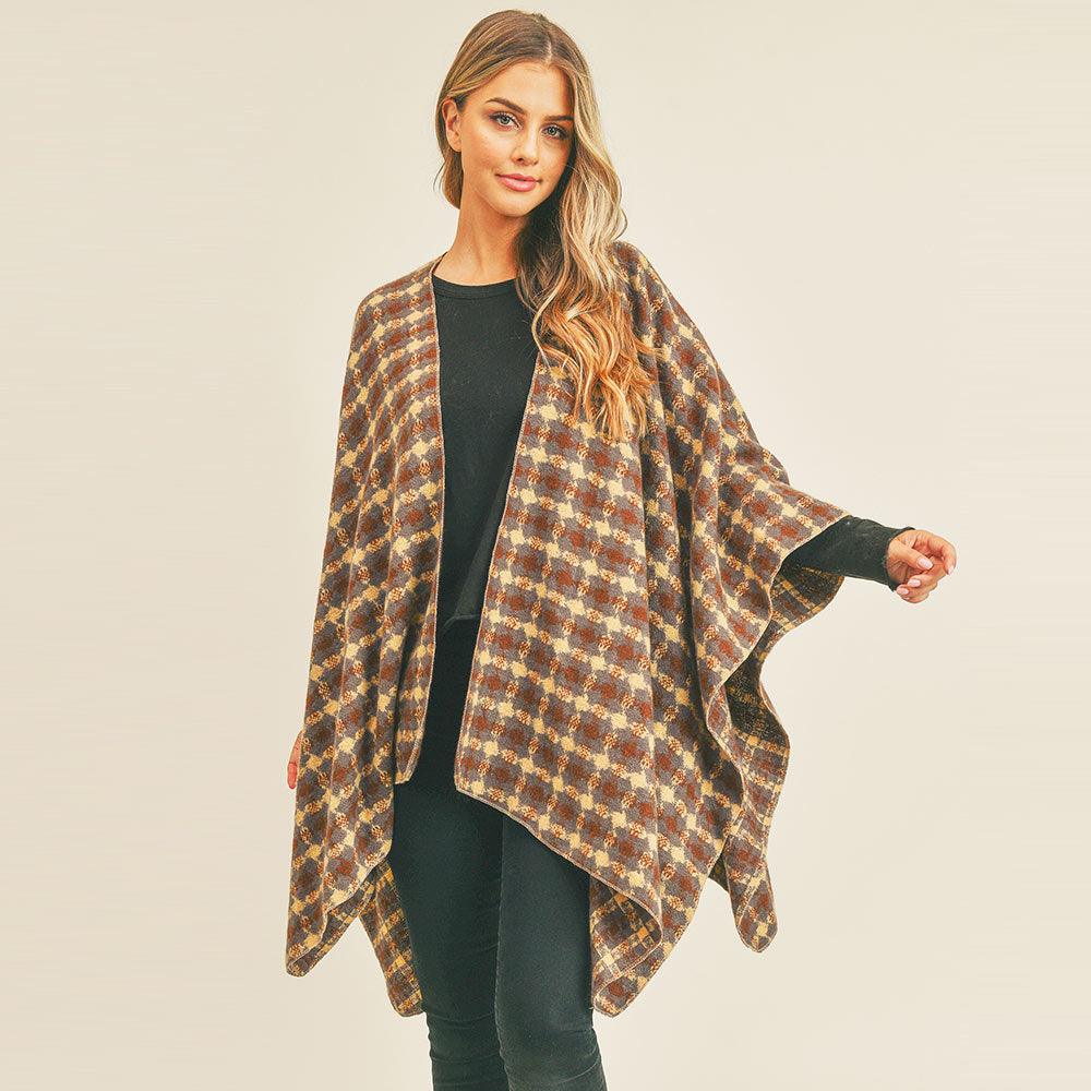 Brown Plaid Check Pattern Ruana Poncho