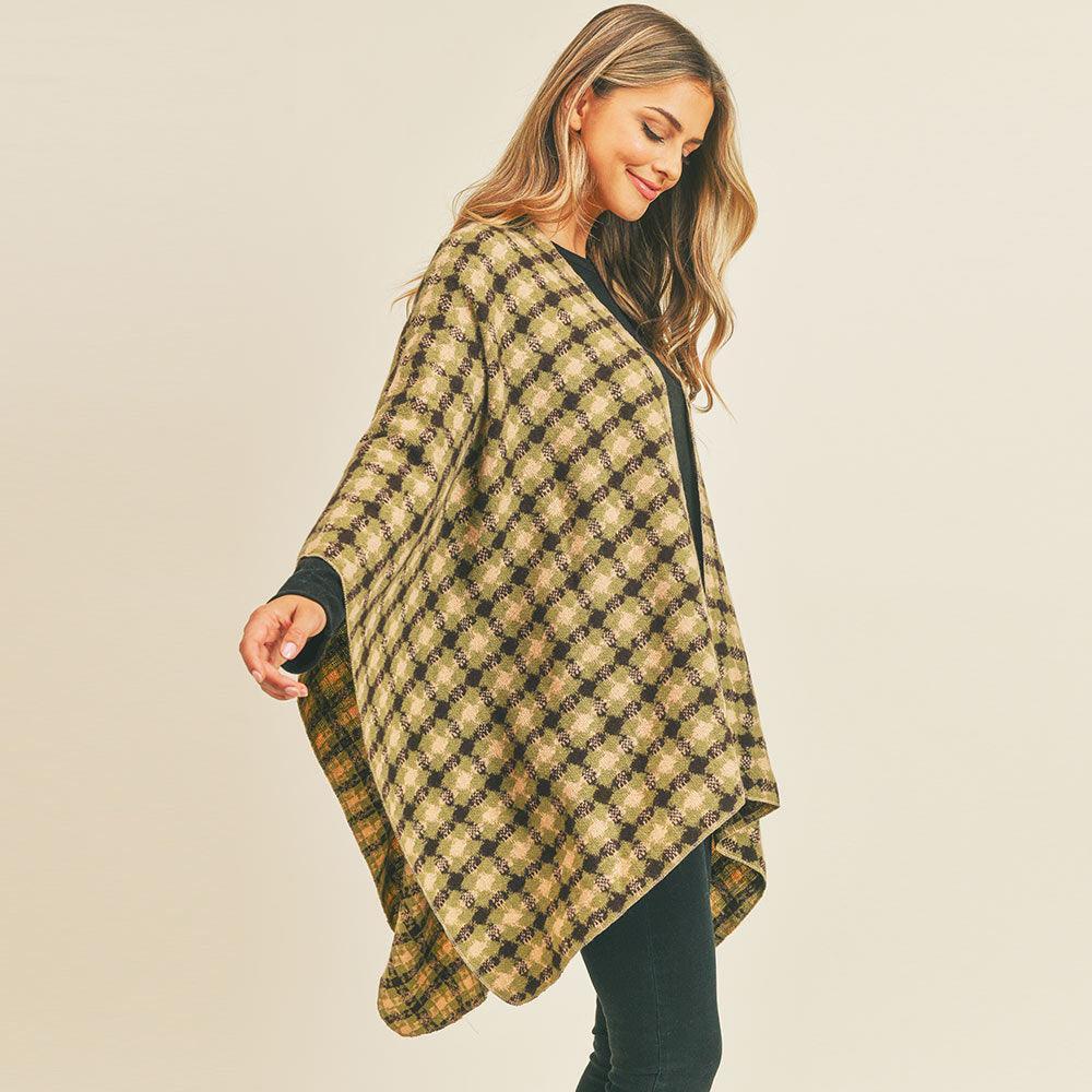 Olive Green Plaid Check Pattern Ruana Poncho - Jewelry Store by Erik Rayo