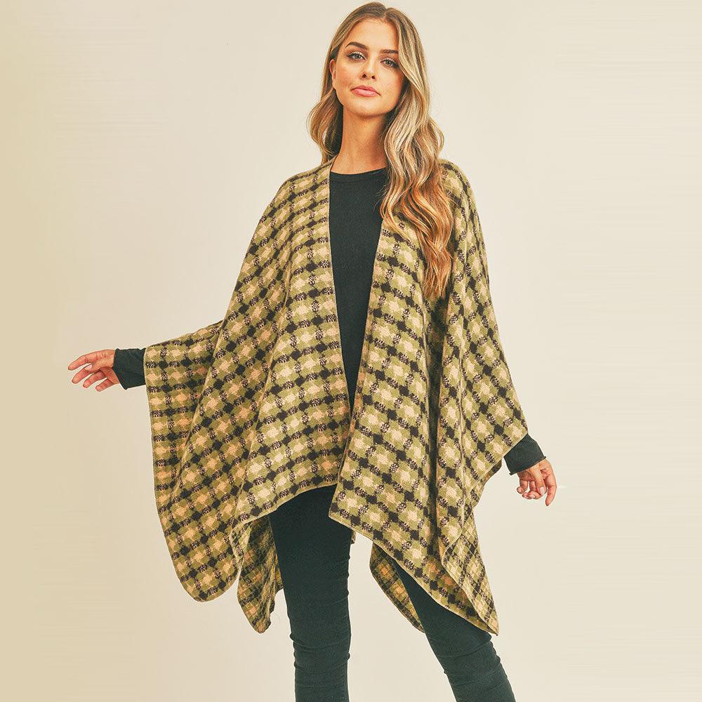 Olive Green Plaid Check Pattern Ruana Poncho - Jewelry Store by Erik Rayo