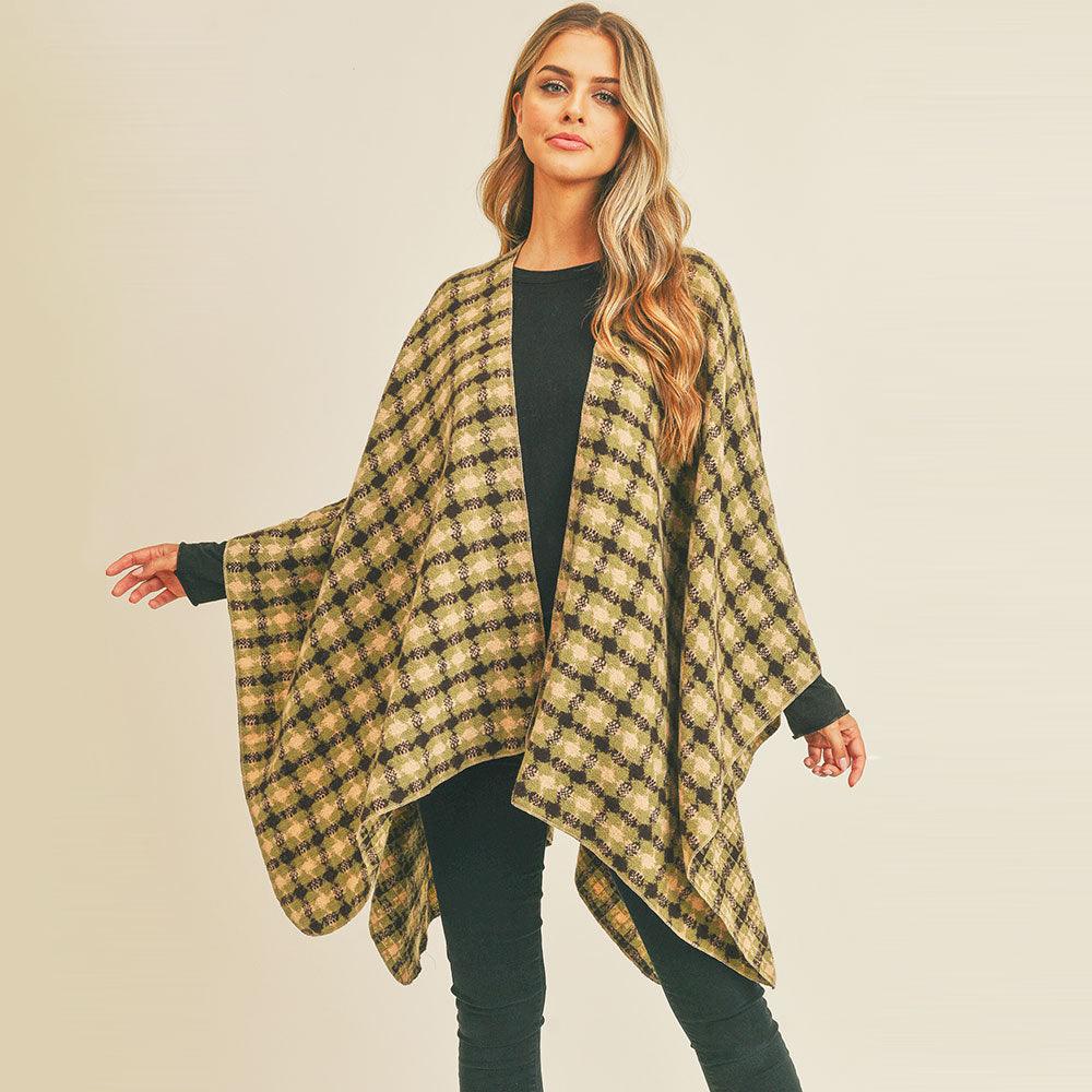 Olive Green Plaid Check Pattern Ruana Poncho