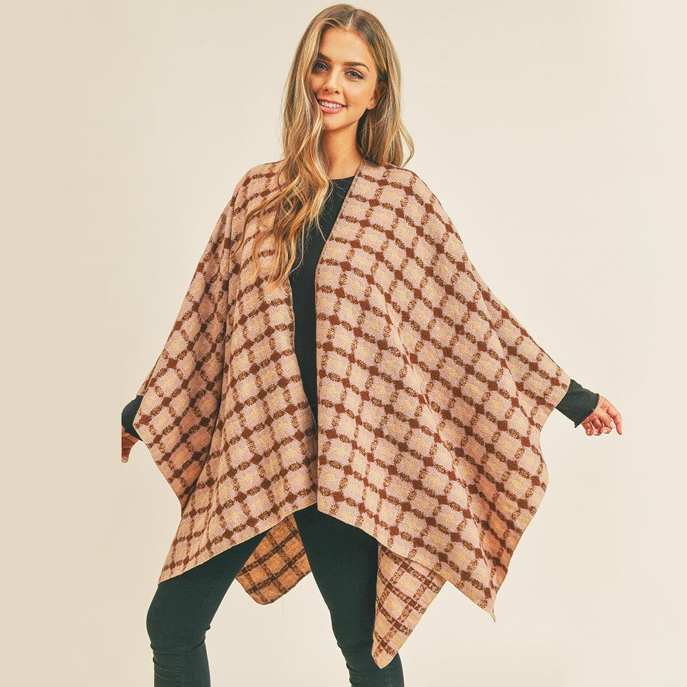 Pink Plaid Check Pattern Ruana Poncho