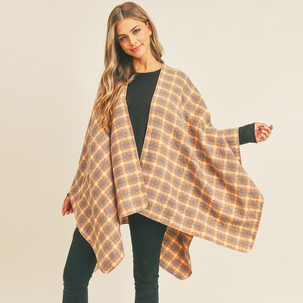 Rust Plaid Check Pattern Ruana Poncho