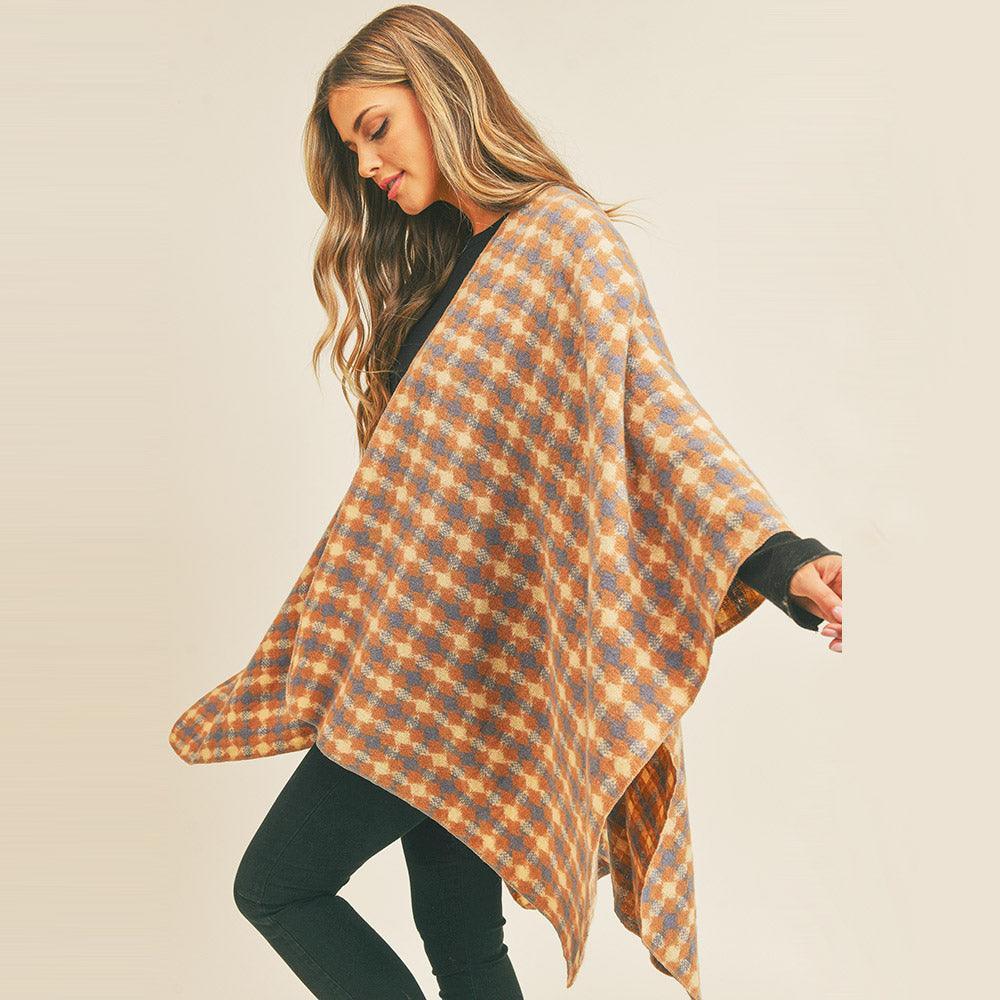 Rust Plaid Check Pattern Ruana Poncho - Jewelry Store by Erik Rayo