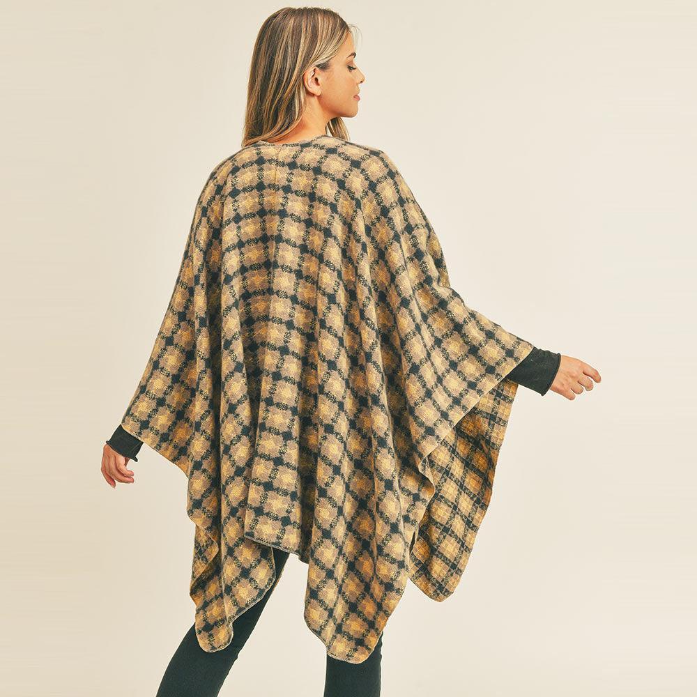 Taupe Plaid Check Pattern Ruana Poncho - Jewelry Store by Erik Rayo