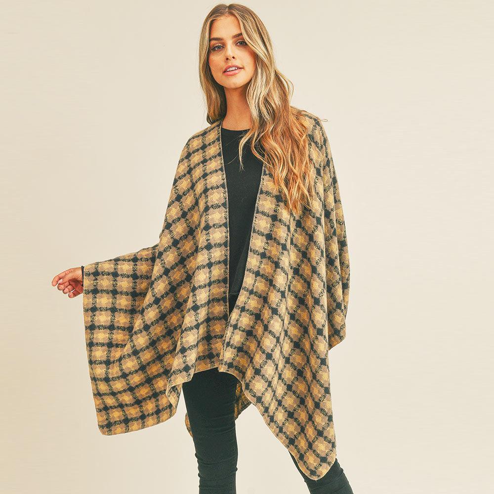 Taupe Plaid Check Pattern Ruana Poncho - Jewelry Store by Erik Rayo