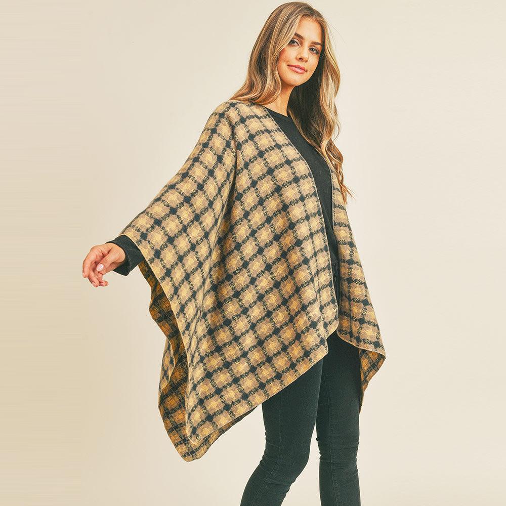 Taupe Plaid Check Pattern Ruana Poncho