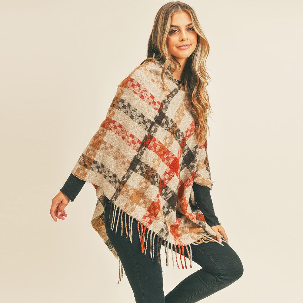 Beige Multi Color Pixel Check Poncho