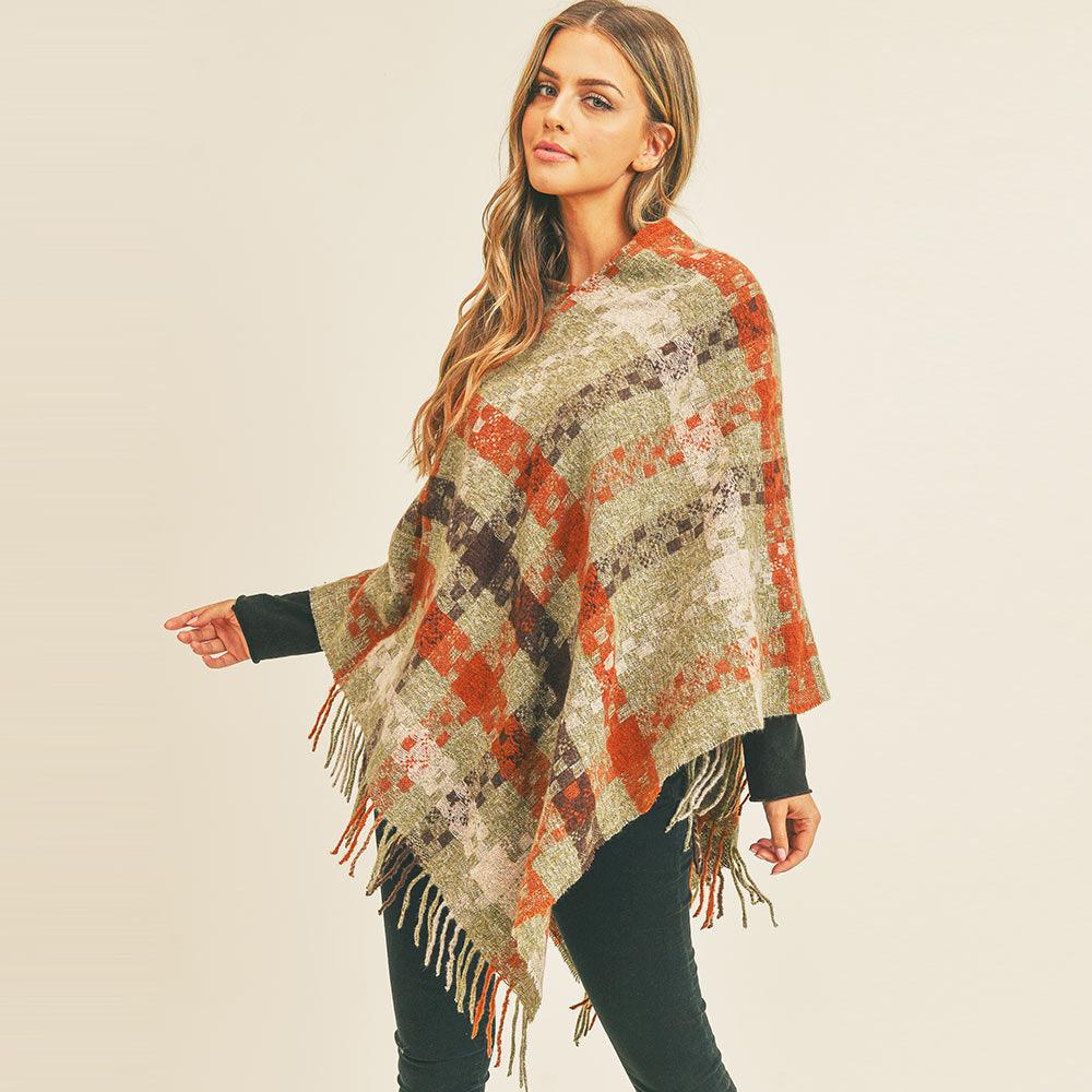 Olive Green Multi Color Pixel Check Poncho