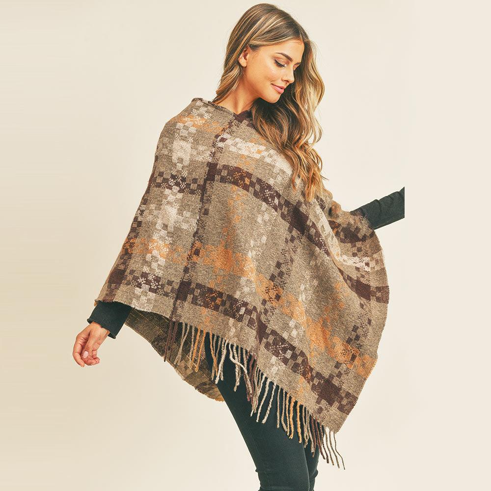 Taupe Multi Color Pixel Check Poncho