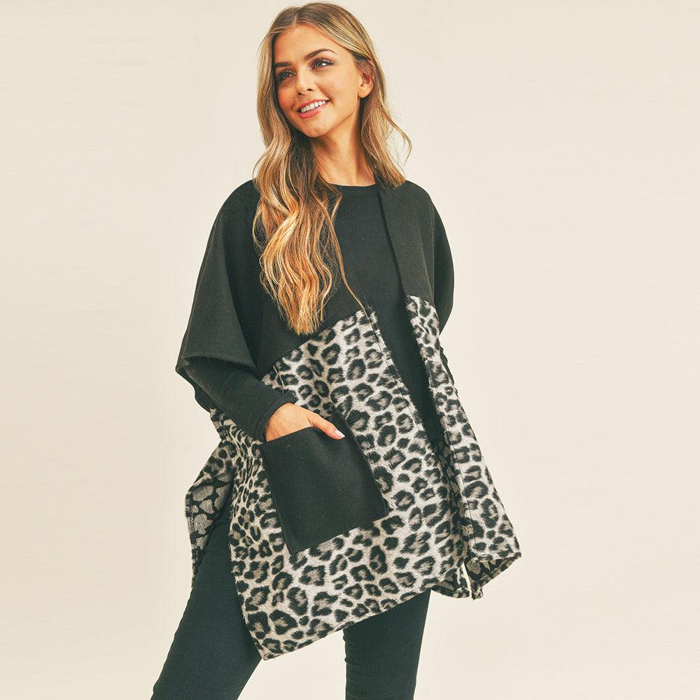 Gray Leopard Pocket Kimono Poncho