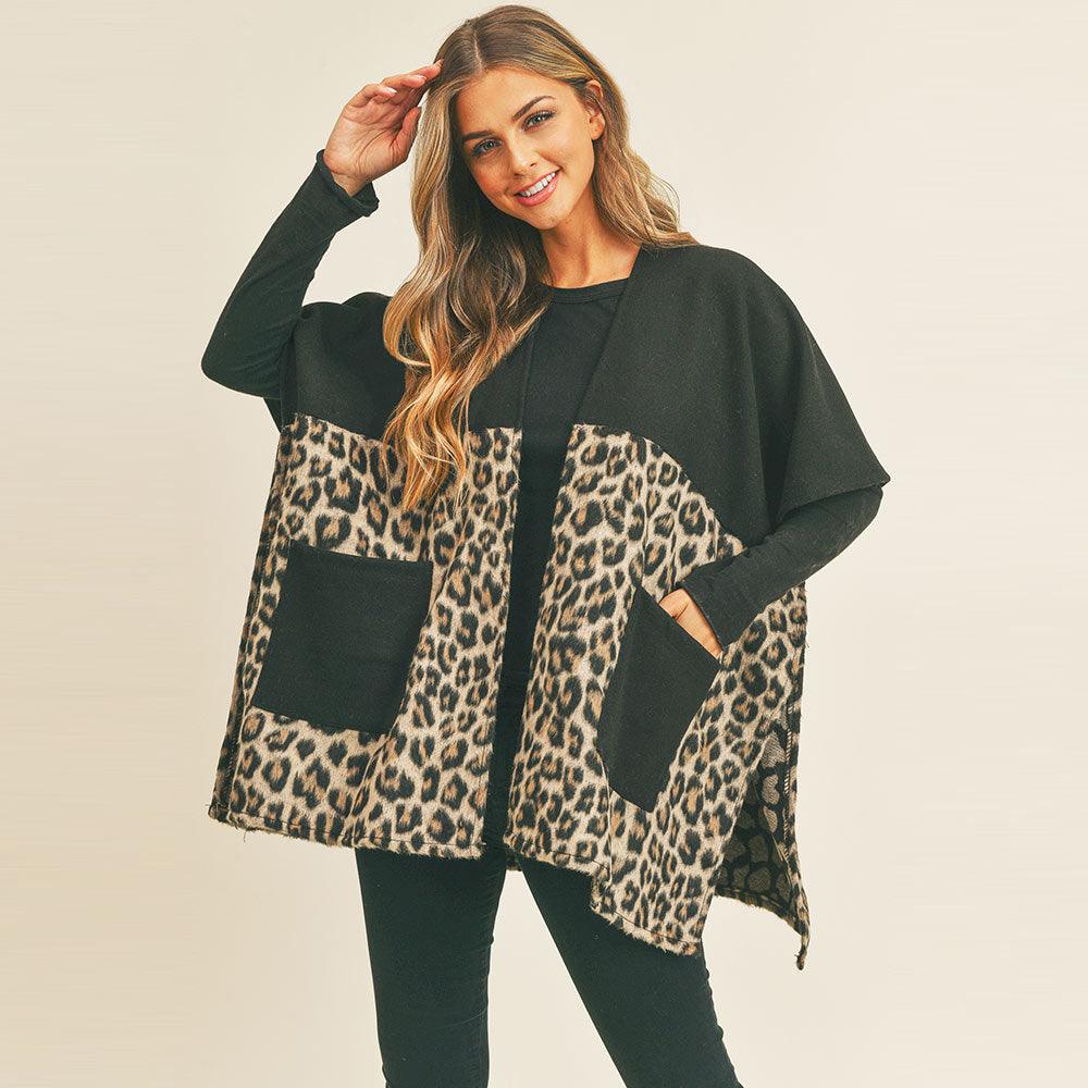 Taupe Leopard Pocket Kimono Poncho