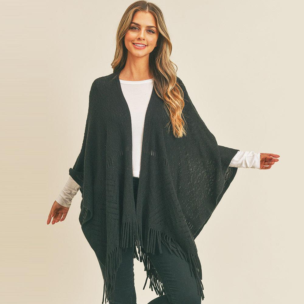 Black Herringbone Knit Fringe Ruana Poncho - Jewelry Store by Erik Rayo