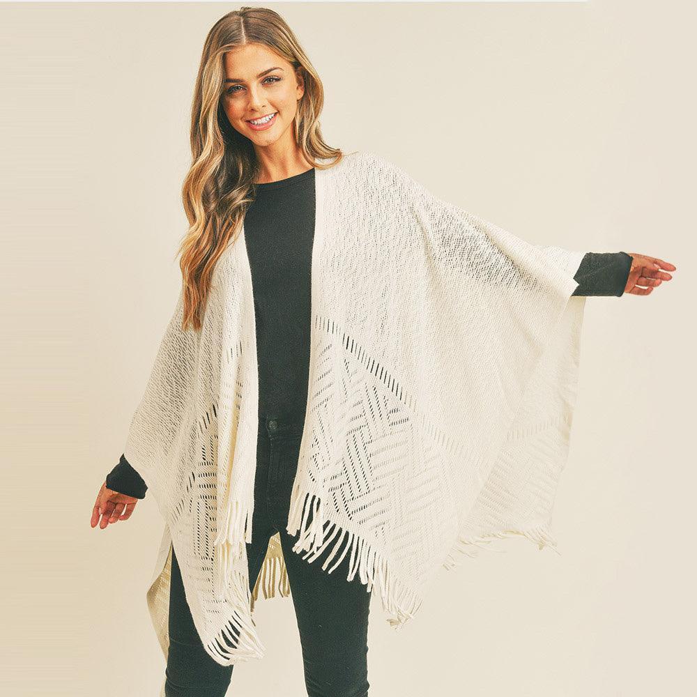 Ivory Herringbone Knit Fringe Ruana Poncho - Jewelry Store by Erik Rayo